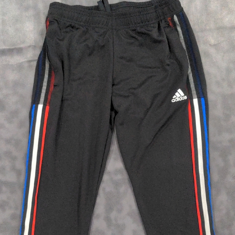 Adidas Women's Black Track Pants with Red and Blue Stripes